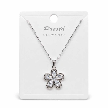 Silver Finish Crystal Flower Pendant Necklace for Women